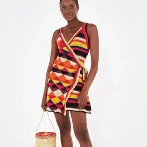 Farm Rio Crochet Multicolor Wrap Dress NWT